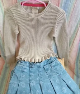 CYNTHIA ROWLEY Gold Sweater & FREE ASSEMBLY Denim Skirt Bleach Flower Girls 6/6x - Picture 1 of 12