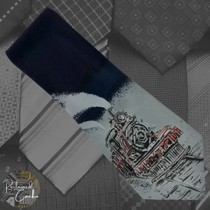 City One Navy Blue Gray Steam Train Locomotive Pointed Necktie Classic Tie - Picture 1 of 6