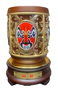 Asian Wood Pen Pencil Holder with Beijing Peking Opera Masks of China Swivel - Picture 1 of 6