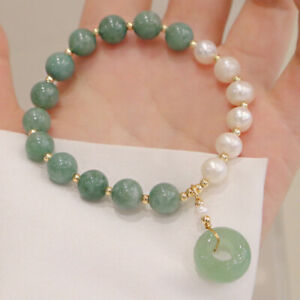 beautiful AAA South Sea 9-8 mm white  Pearl green jade Bracelet 7.5-8" 14k