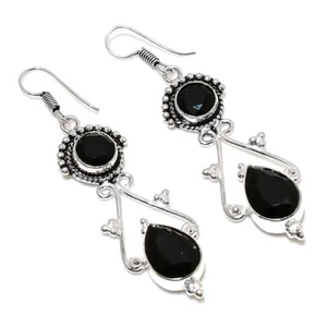 Black Spinel Gemstone Handmade 925 Sterling Silver Jewelry Earring Size 2.50" - Picture 1 of 1