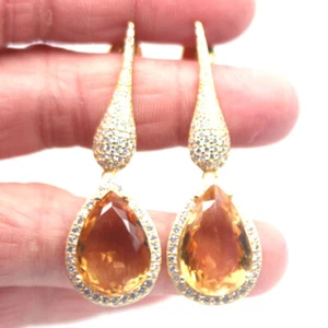 12 x 18 Mm. Dorado Citrino Amarillo & Circonita Cúbica Earrings 925 Plata de Ley - Imagen 1 de 4