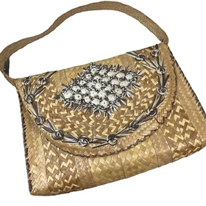 Vintage Korb Rattan Schultertasche Handtasche hellbraun geflochten Muscheln Blumen Boho Medium - Bild 1 von 8