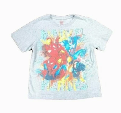 Marvel Heroes Graphic Print Heather Gray Red Blue Gold Short Sleeve Tshirt Sz 7 - Image 1 of 3