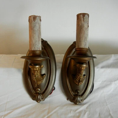 Pair Antique Vintage Early 1900s Solid Brass Sconce Wall Lights - Restored Foto 1 de 4