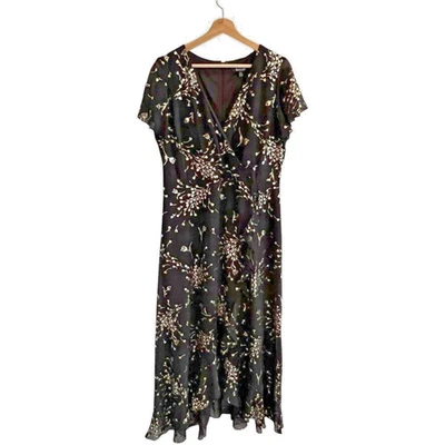 Kensie Foil Print Chiffon Maxi Dress Size 12 Black Gold Hi-Low Whimsigoth Fairy - Image 1 of 4