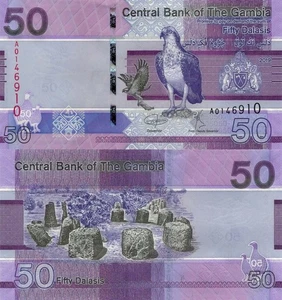 Gambia 50 Dalasi (2019) - Bird Eagle/Stone Circle, p-40a, B238a UNC - Picture 1 of 3