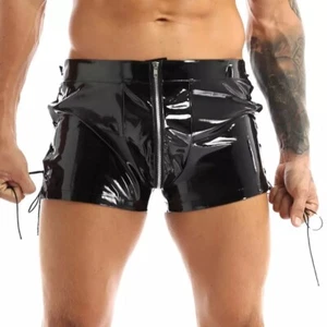 Mens Wetlook PVC Leather Shorts Zipper Open Crtoch Lace-up Shorts Dance Clubwear - Picture 1 of 9