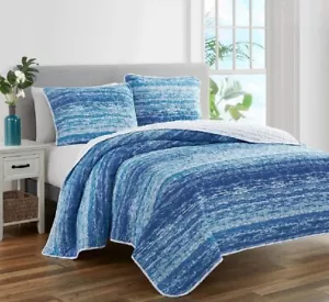 Coastal Quilt Set King Blue Stripe Ocean Wave Reversible Cotton Bedding Cover - Picture 1 of 6