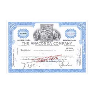 Anaconda Co. Stock Certificate // 1-99 Shares // Blue // 1960s - Picture 1 of 2