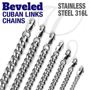 Stainless Steel 316L Beveled Cuban Links Necklaces Chain Men Women Silver Color - Picture 1 of 2