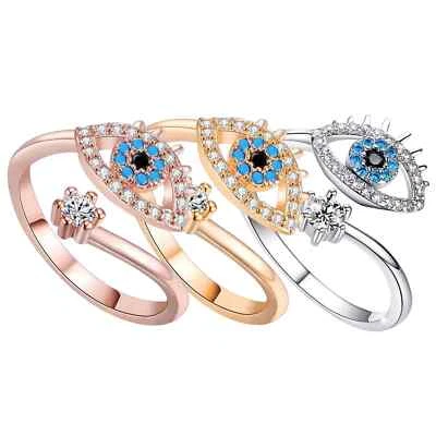 Anillo ajustable de circón cúbico con mal de ojo plateado oro rosa de moda para mujer 1-45 Foto 1 de 4