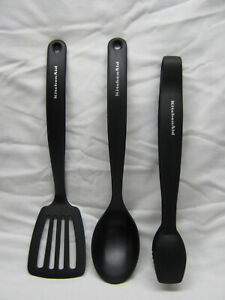 3 KITCHENAID LONG  SOLID SPOON  & SLOTTED SPATULA  & TONGS COOKING   UTENSILS
