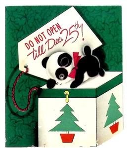 Linda tarjeta de Navidad Panda Bear Santa Claus Jack In The Box años 50 - Imagen 1 de 3