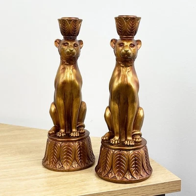 Candle Holder Set of 2 Leopard Ornaments Statue Figurine Vintage Rustic Gold - Image 1 of 4