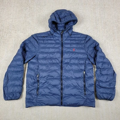 Polo Ralph Lauren Puffer 夹克男式 M 蓝色全拉链连帽绗缝可打包外套 — 第 1/4 张图片