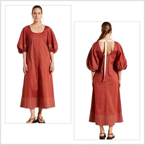 Lee Mathews Sara Puff Short Sleeve Rust Brown Midi Pockets Cut Out Dress Sz 3 L - Picture 1 of 8