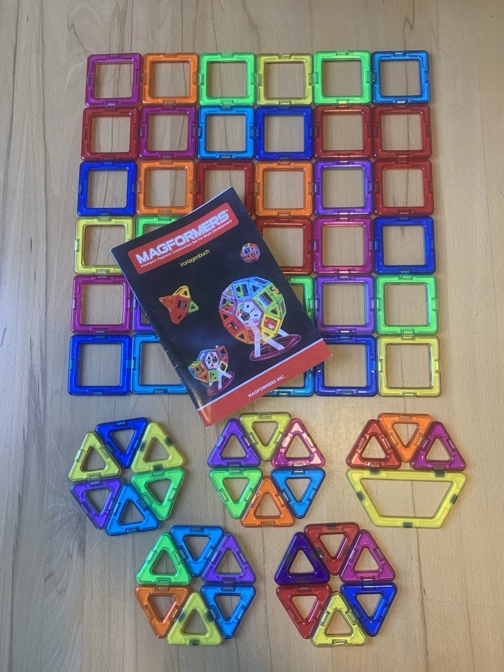 Magformers Set 64 Teile mit Vorlagenbuch Vierecke Dreiecke etc. Magnete Bausatz - Bild 1 von 4