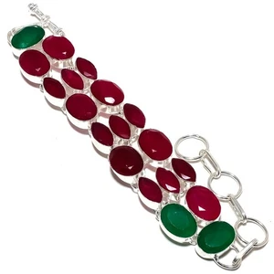 Rubin (simuliert), Smaragd Edelstein Handarbeit 925 Sterlingsilber Armband 7-8" - Bild 1 von 1