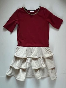 Hanna Andersson Burgundy Gold Tiered Christmas Holiday Dress Girl's Sz 140 US 10 - Picture 1 of 8