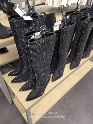 Stivali al ginocchio donna Rita Ora neri con tacco gemma Primark tacco diamantato