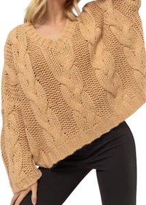 Taupe V-Neck Oversized Cable Knit Sweater -224MS - Picture 1 of 3