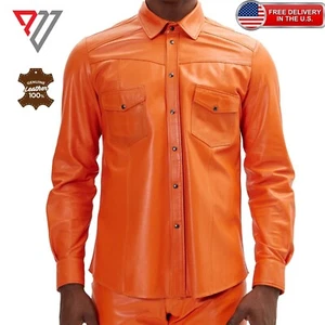 Men's Genuine Lambskin Soft Orange Leather Slim Fit Style Casual Button Shirt - Picture 1 of 3