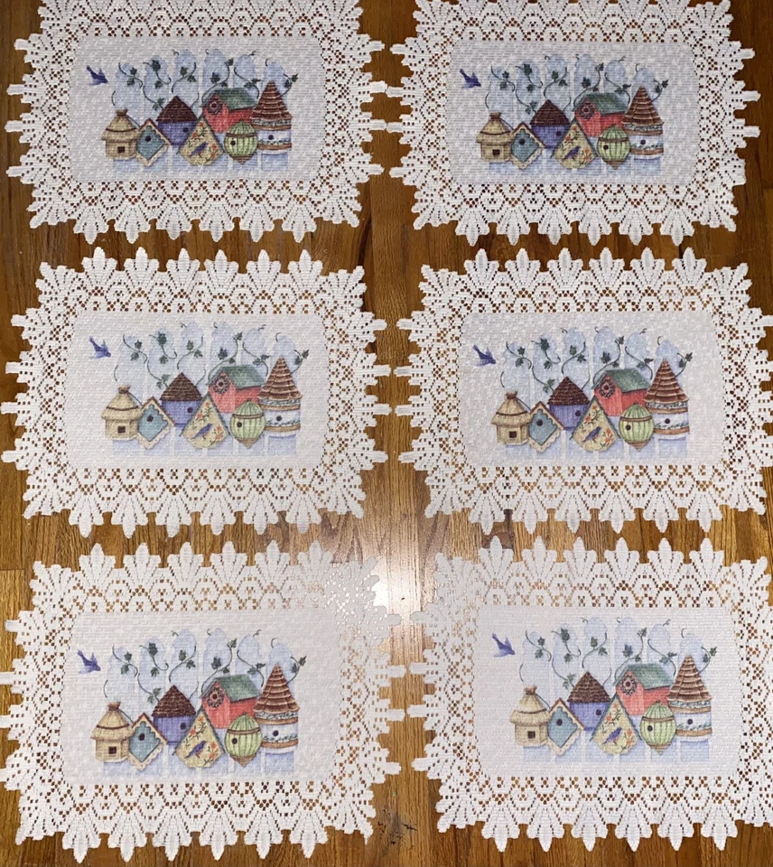 Vintage SET of 6 BIRDHOUSE LACE BORDER Doilies Bluebird & Ivy on Fence - Image 1 of 4