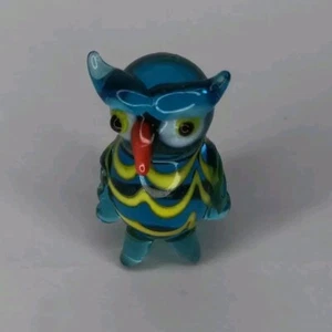 Murano Style Glass Miniature Owl Ornament 3cms Blue and Yellow - Picture 1 of 3