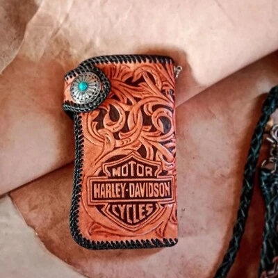 Motorcycle medium leather wallet, Biker wallet, Carved floral Indian mens wallet - Image 1 of 4