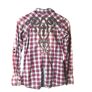 Roar Women's Western Shirt Red Plaid Cowgirl Embroidered Studded Y2K Cross - Picture 1 of 14