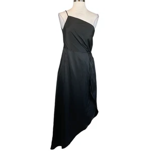 AQUA Women's Cocktail Dress Size 8 Black Satin One Shoulder High Low Shift - Picture 1 of 10