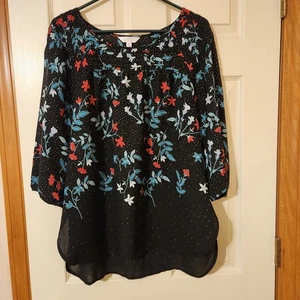 LC Lauren Conrad Top Womens Size XL Black 3/4 Sleeve Polka Dot Dark Floral Boho - Picture 1 of 7