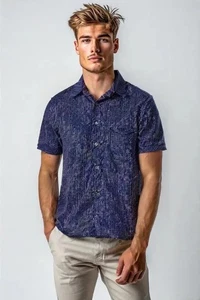 H&M Button Up Hemd Herren L Slim 42x29 Blau Punkte Print Kurz Slv Baumwolle Ltwt NEU - Bild 1 von 7