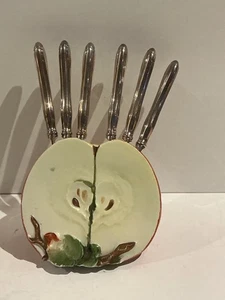 Vintage Ceramic Knife Holder Containing 6 Silver Plate Fruit Knives ca 1900 RARE - Picture 1 of 7