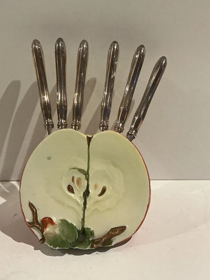 Vintage Ceramic Knife Holder Containing 6 Silver Plate Fruit Knives ca 1900 RARE - Image 1 of 4