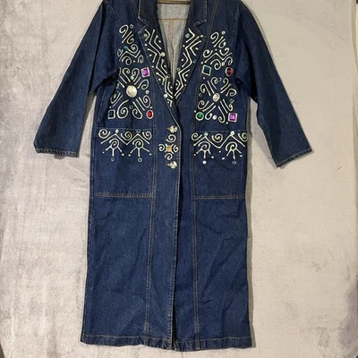 Chaqueta Plumero Larga Denim Adornada De Colección Abrigo Gaudy Joyas Mujeres M* Pesada Foto 1 de 4