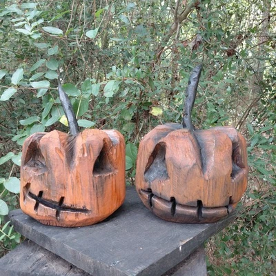 Chainsaw Carving Jack O Lantern Pumpkin 6" Folk Art Halloween Pumpkin Lot Of 2 - Image 1 of 4