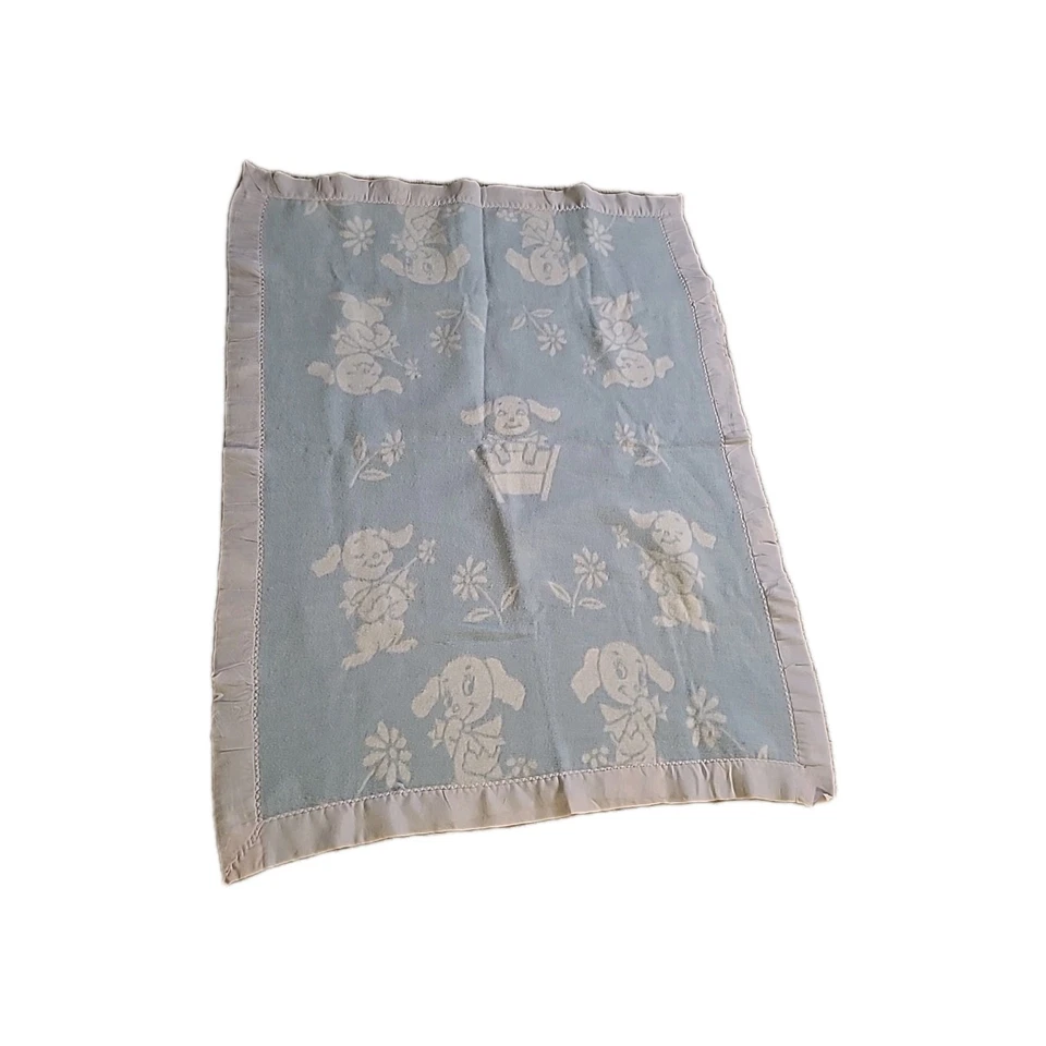 Vintage Blanket Thermal Flannel Blue W/ Puppies Dogs No Tag Nylon Edge Trim - Image 1 of 4