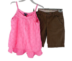 Size 10/12 Old Navy Girl's Pink Eyelet Top Brown Bermuda Shorts Outfit EUC
