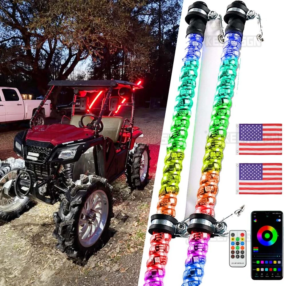 Par de antenas de látigo LED espiral iluminadas de 4 pies persecución para Yamaha YXZ1000R Raptor 700R Foto 1 de 4