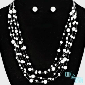 FLOATING WHITE PEARL BRIDAL BRIDESMAID PROM FORMAL, FASHION NECKLACE JEWELRY SET - Picture 1 of 3