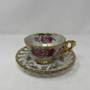 Vintage ROYAL SEALY Porzellan Netz Glanz Rosen Teetasse und Untertasse Set - Bild 1 von 11