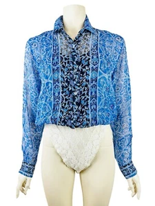 A'nue Ligne Bodysuit Blouse Women's Medium 100% Silk Blue Sheer Lined Lace - Picture 1 of 13