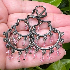 VINTAGE CHANDELIER ROSE PINK FACETED CRYSTALS LEVER BACK DANGLE DROP EARRINGS - Picture 1 of 24