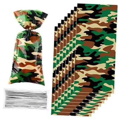 100 Pieces Camo Cellophane Treat Bags Camouflage Party 200 Piece Set Khaki - Image 1 of 4