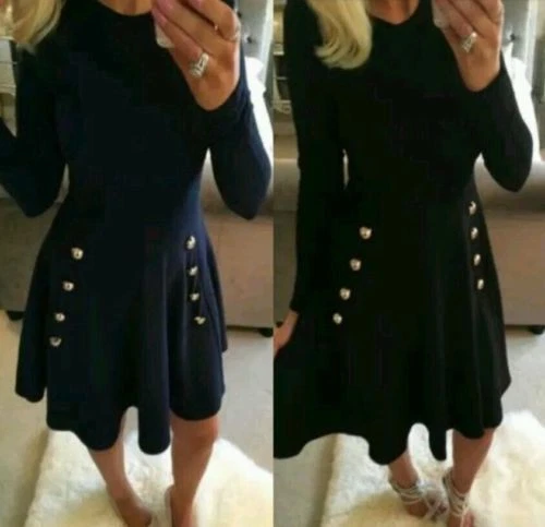 Ladies Women's Military Button Skater Swing dress Long Sleeve UK 8-28 Plus Size  - Image 1 of 1