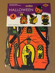 VINTAGE HALLOWEEN RETRO BEISTLE 4 CT CUTOUTS 8.75" - 9.25" (HAUNTED HOUSE,WITCH, - Picture 1 of 4