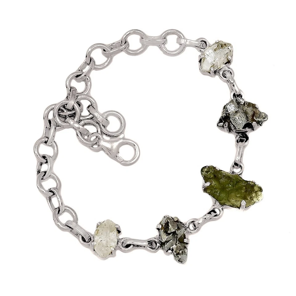 Natural Genuine Czech Moldavite & Herkimer Diamond 925 Silver Bracelet SB17457 - Image 1 of 1