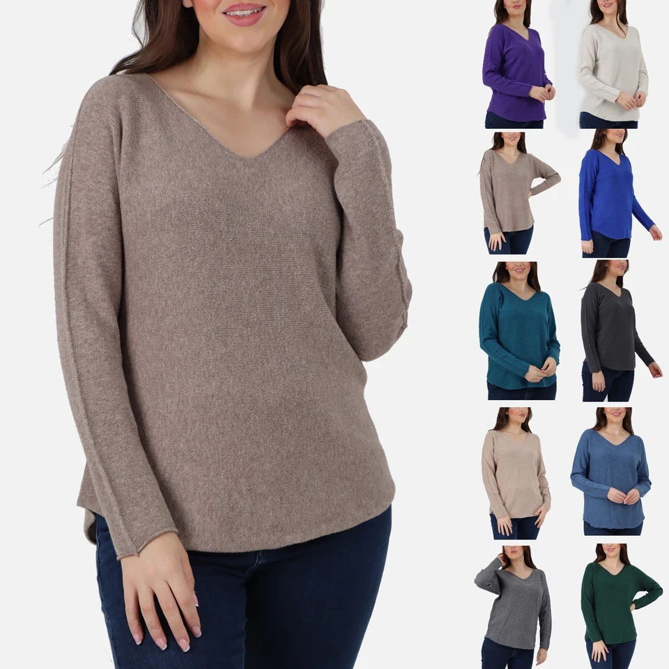 MADE IN ITALY Women's Italian Lagenlook V-Neck soft Knit Plain Scoop Hem Jumper Top